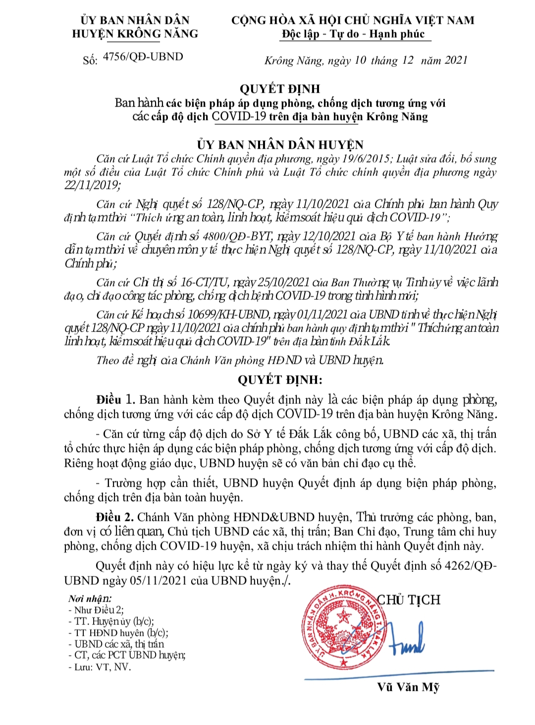 Ủy ban nhân dân huyện Krông Năng ban hành các biện pháp áp dụng phòng, chống dịch thích ứng với các cấp độ dịch Covid - 19 trên địa bàn huyện.